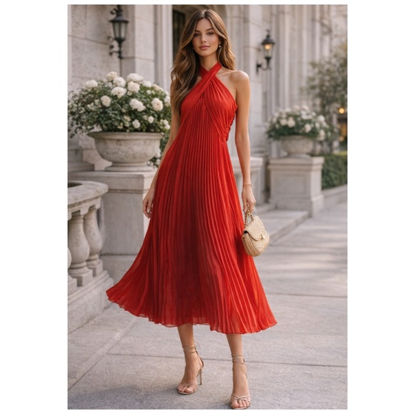roya halter neck pleat midi dress Reiss Roya Red Halter Neck Pleated Midi Dress Size 10 NWT